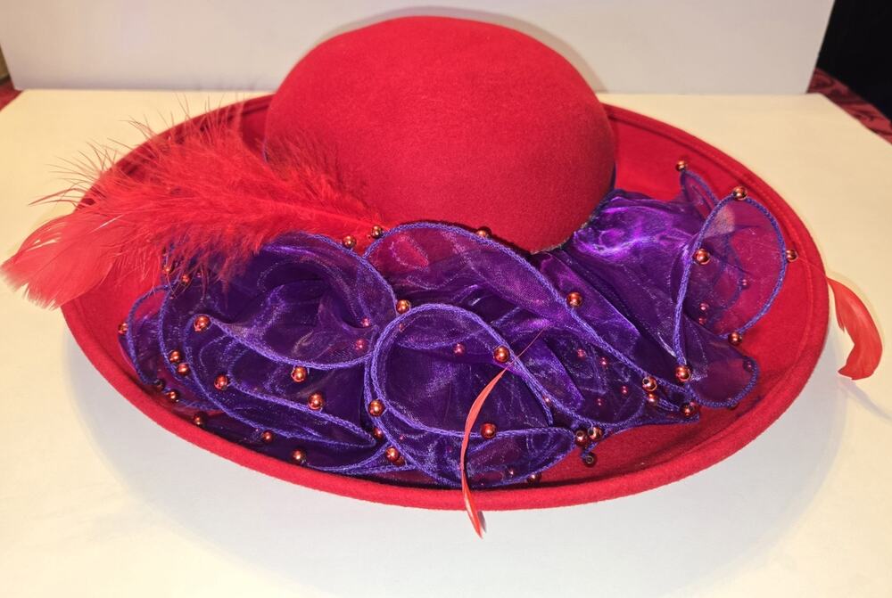 Red Hat Society Fancy Wool Hat with Handmade Designed Purple Trim and Feathers